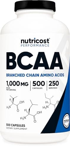 Nutricost BCAA 1000mg, 500 Capsules (250 Serv), 2:1:1 Branched…
