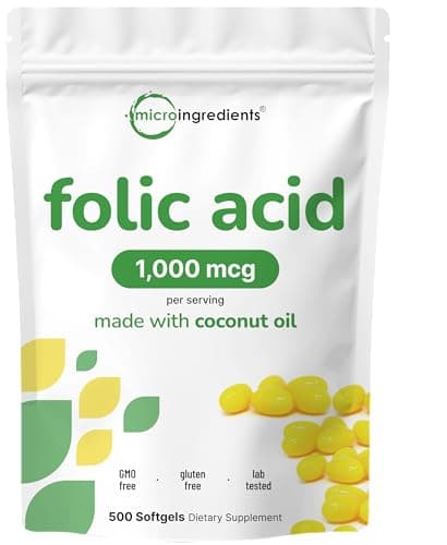 Folic Acid 1,000 mcg, 500 Coconut Oil Softgels (1mg)…
