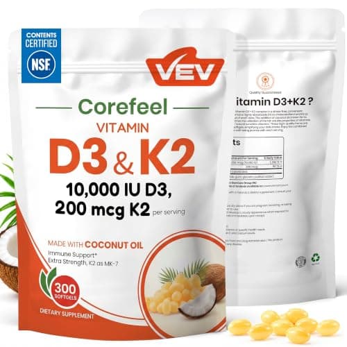 VEV Vitamin D3 K2 10,000 IU & 200 mcg MK-7, D3 and K2…