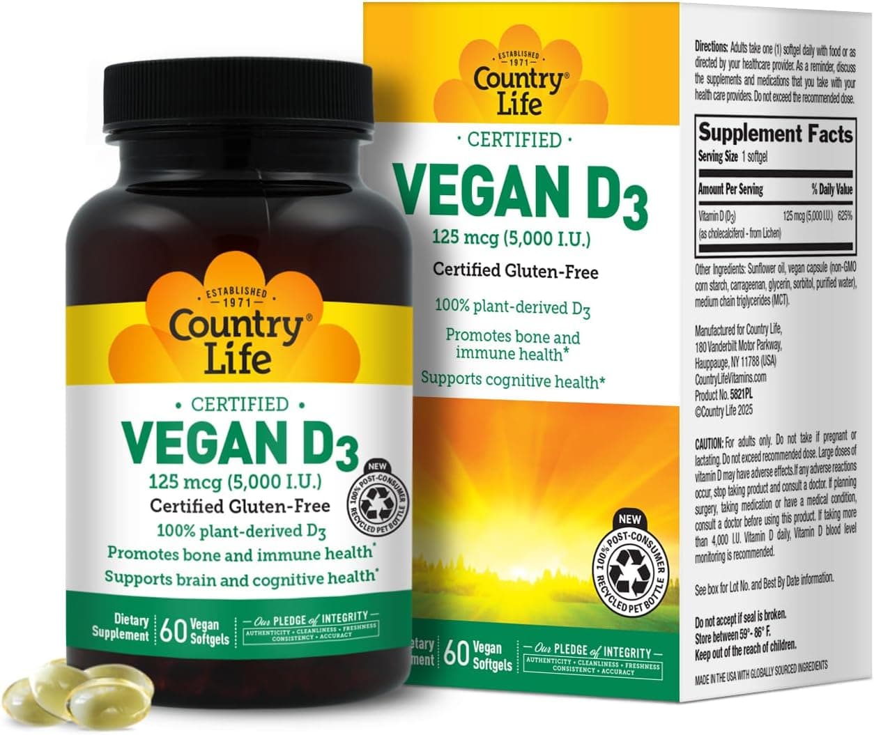 Country Life Vegan D3 5000 IU – Plant-Derived Vitamin D3…
