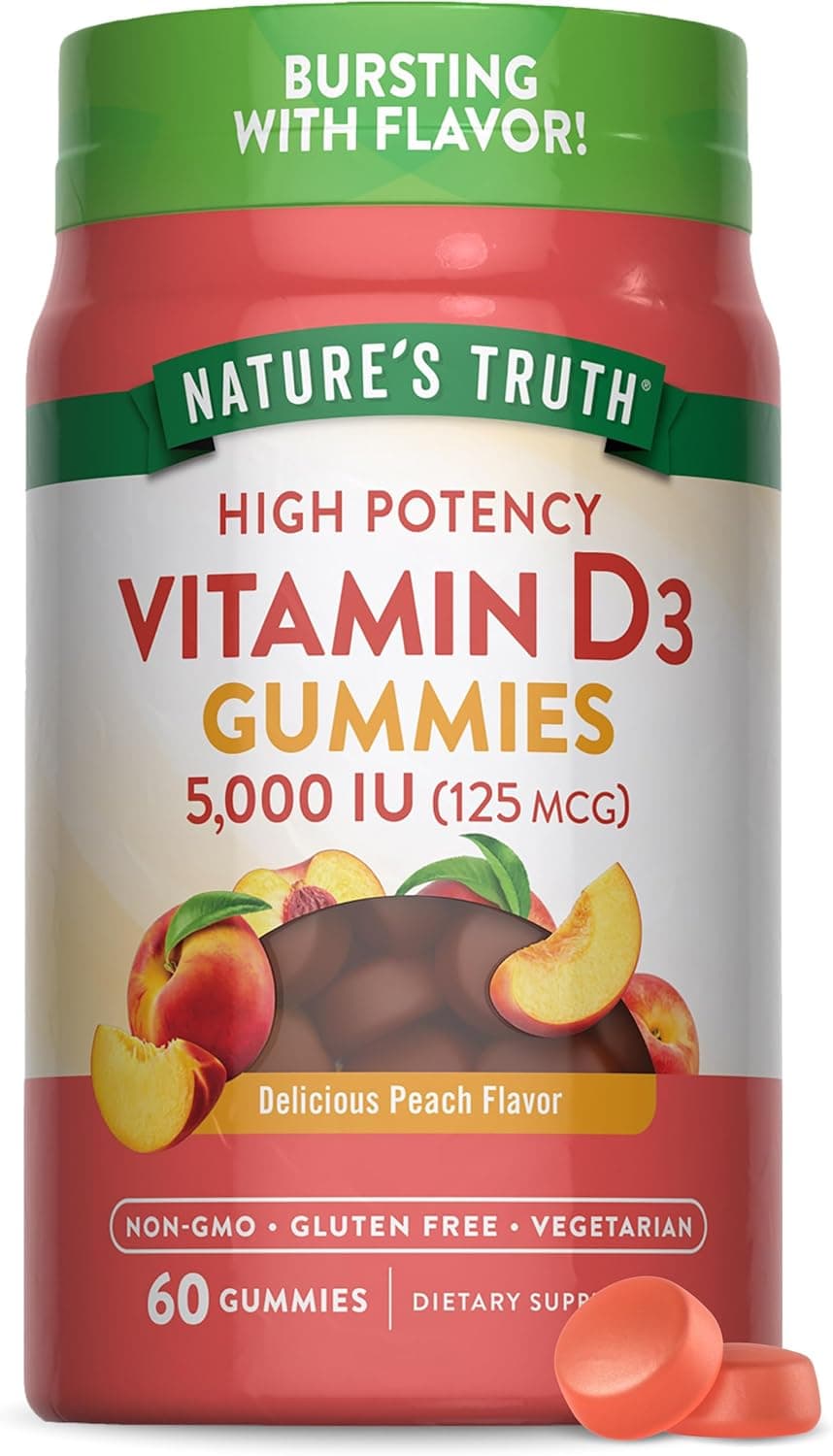 Nature's Truth Vitamin D3 Gummies | 5000 IU | 60 Count | Peach…