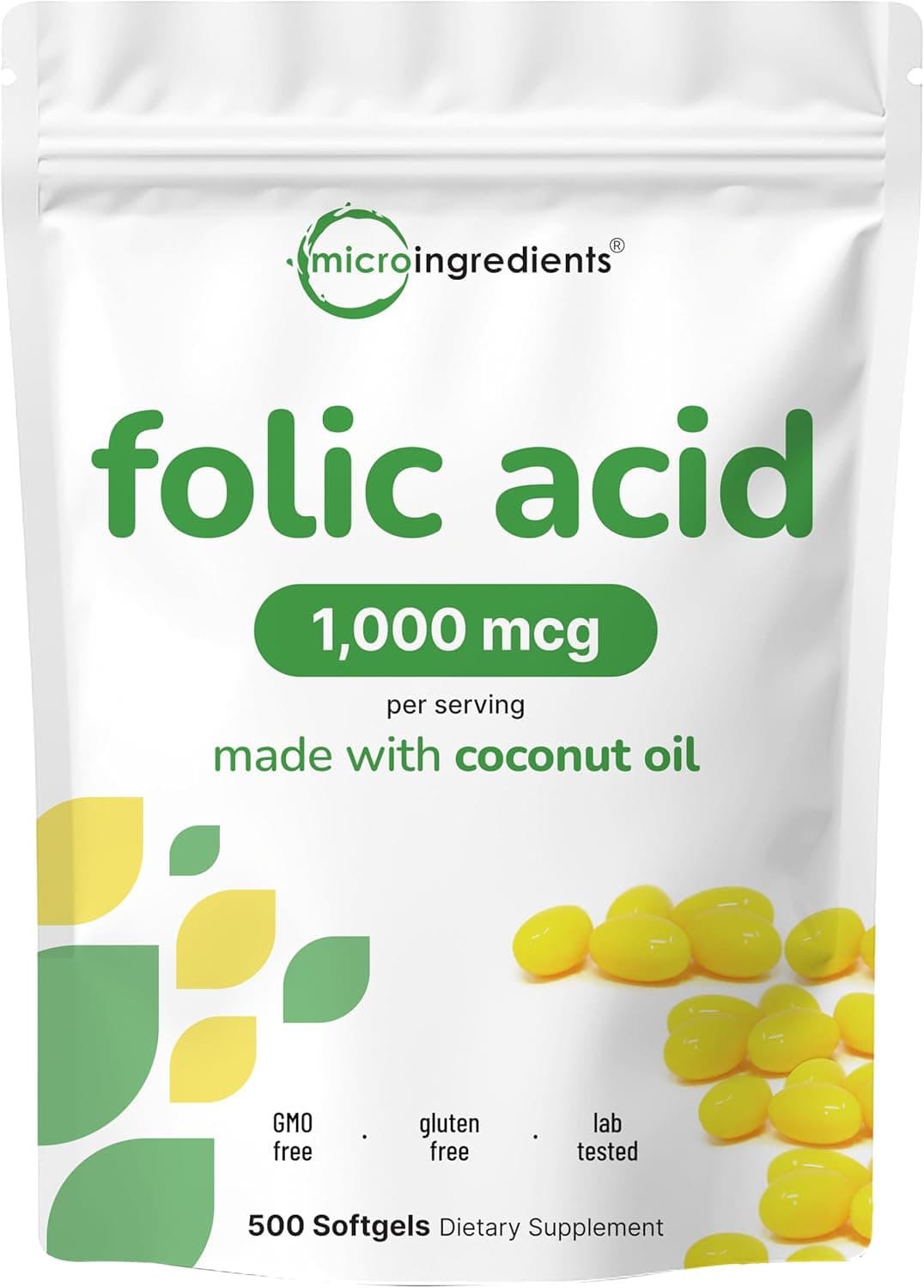 Folic Acid 1,000 mcg, 500 Coconut Oil Softgels (1mg)…