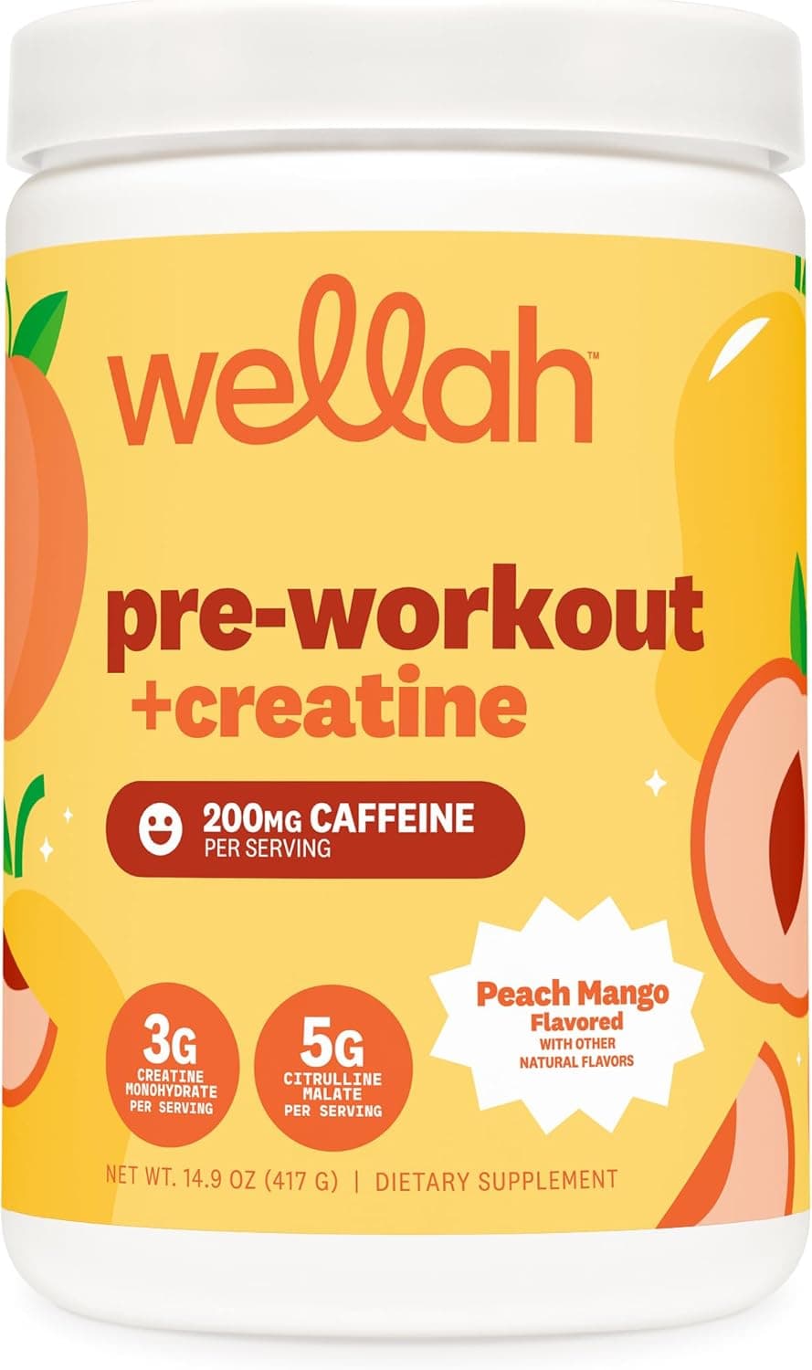 Wellah Pre-Workout + Creatine Powder (30 Servings) Peach Mango…