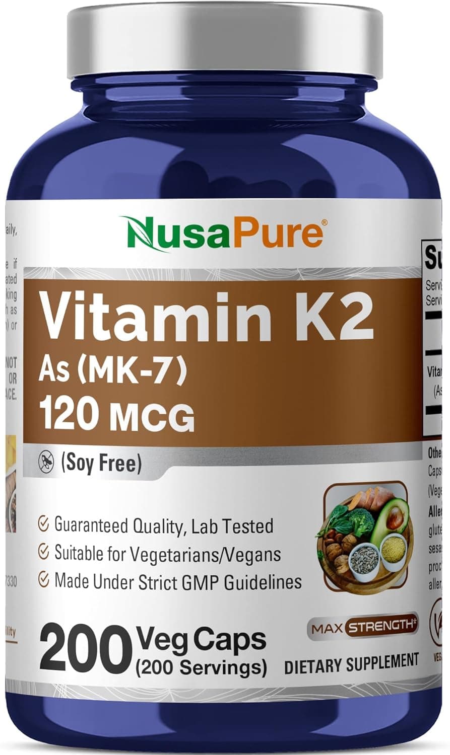 NusaPure Vitamin K2 MK7 120 mcg 200 Veggie Caps (Soy Free