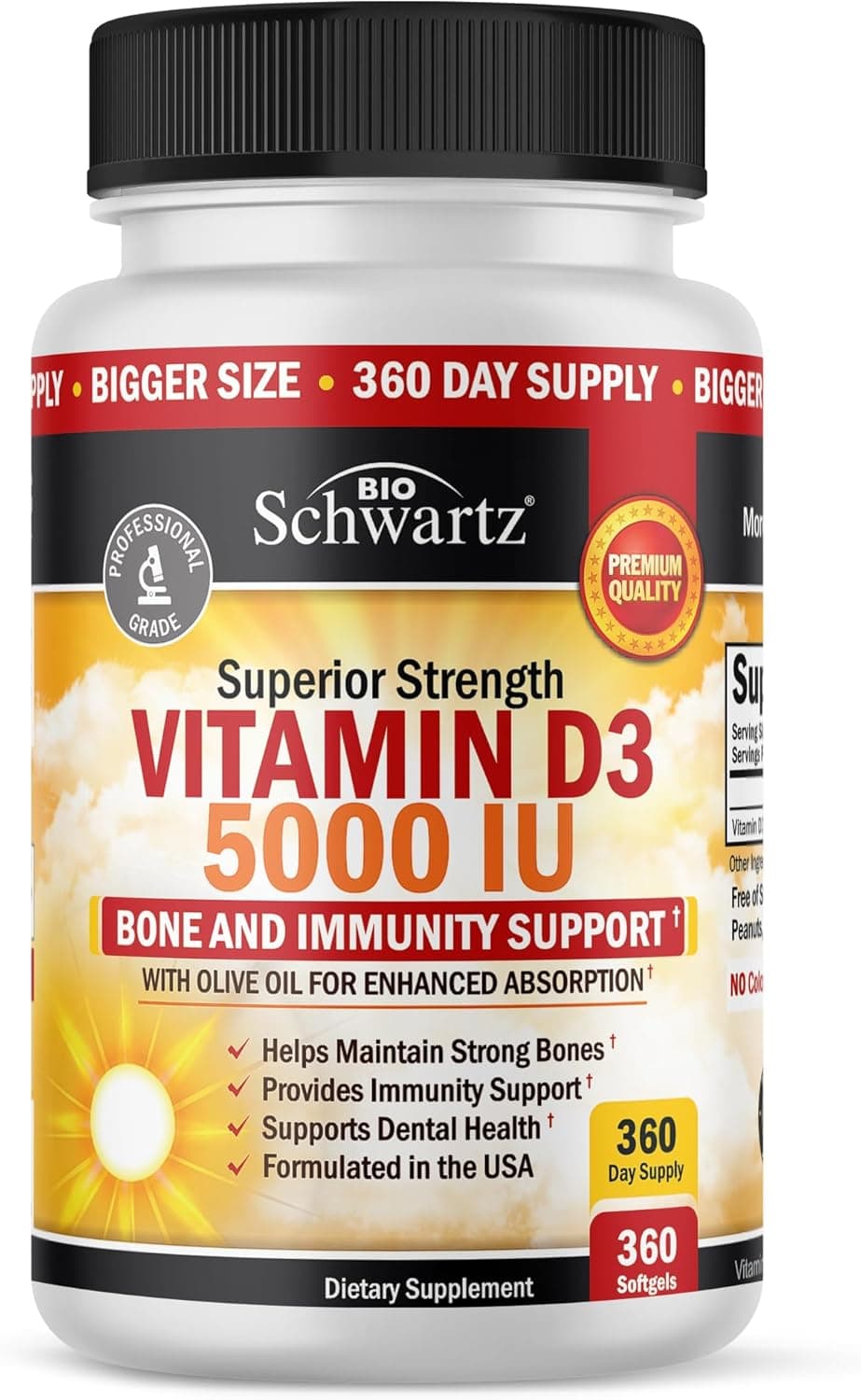 Vitamin D3 5000 IU (125 mcg) Natural Immune Support Supplement