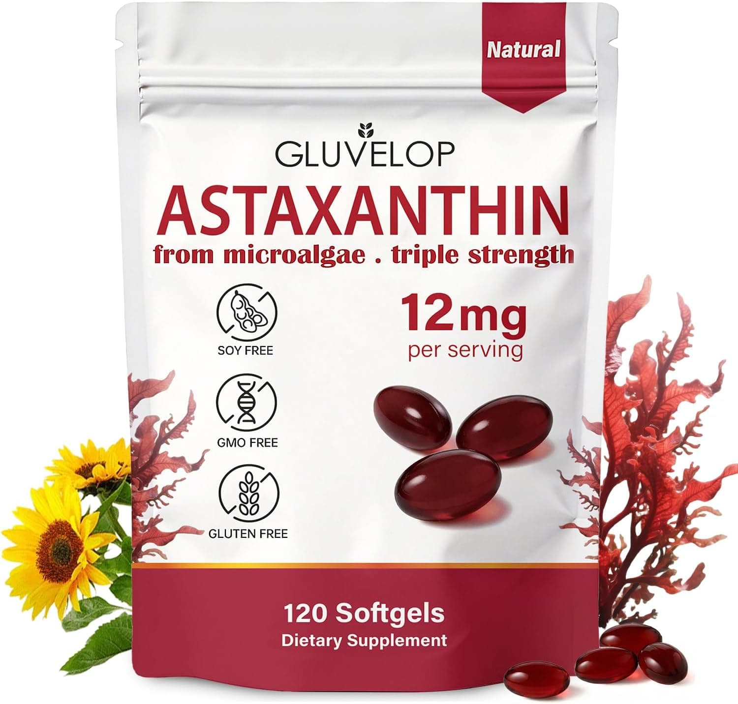 Premium Astaxanthin 12mg Supplements - Natural Microalgae…
