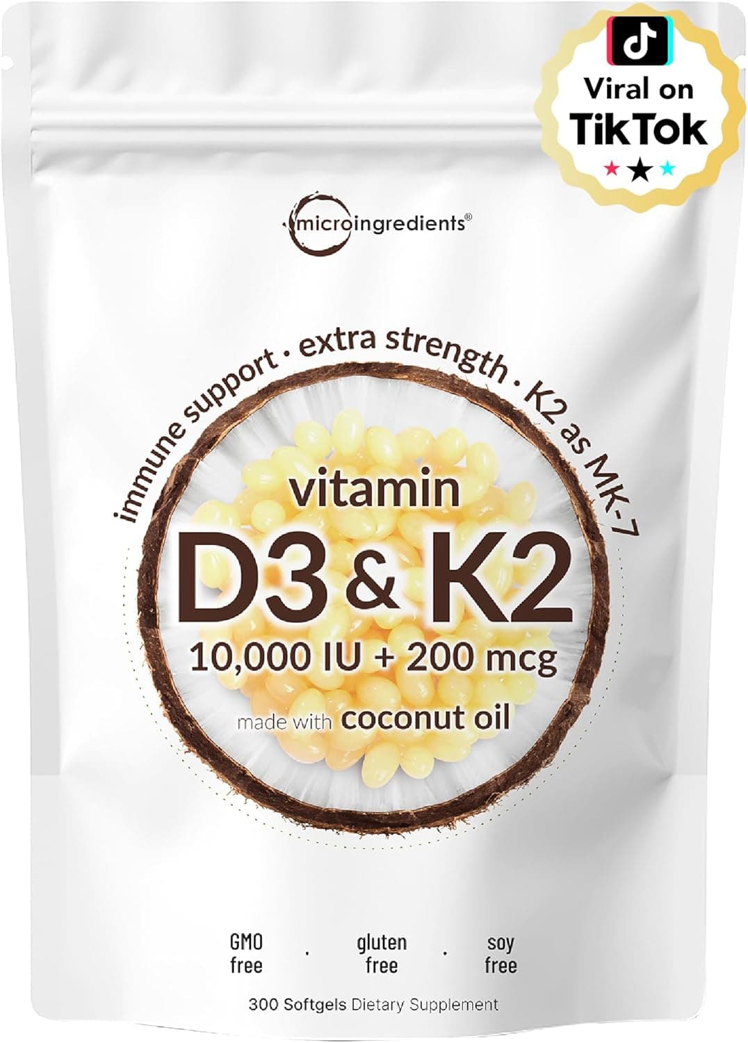 Vitamin D3 10,000 IU + K2 MK-7 200 mcg, 300 Softgels…