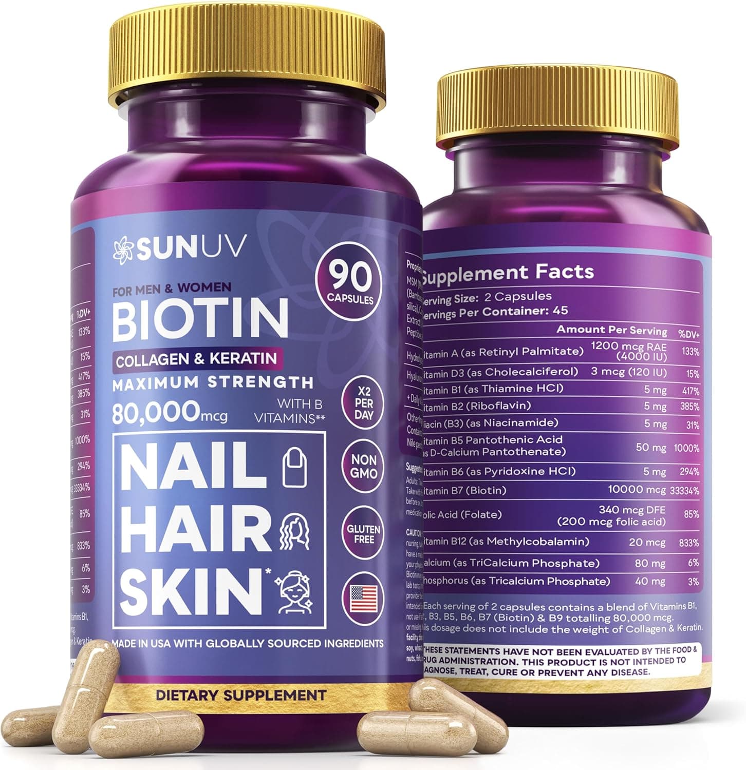 SUNUV Biotin 10,000mcg | Collagen | Keratin | Hyaluronic Acid…