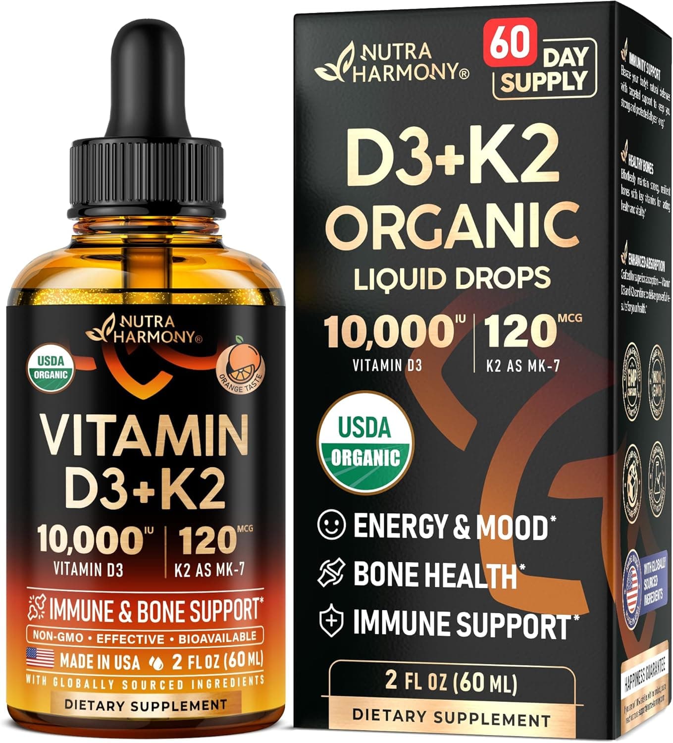 Vitamin D3 K2 USDA Organic Drops - Vitamin D3 10000 IU & K2 as…