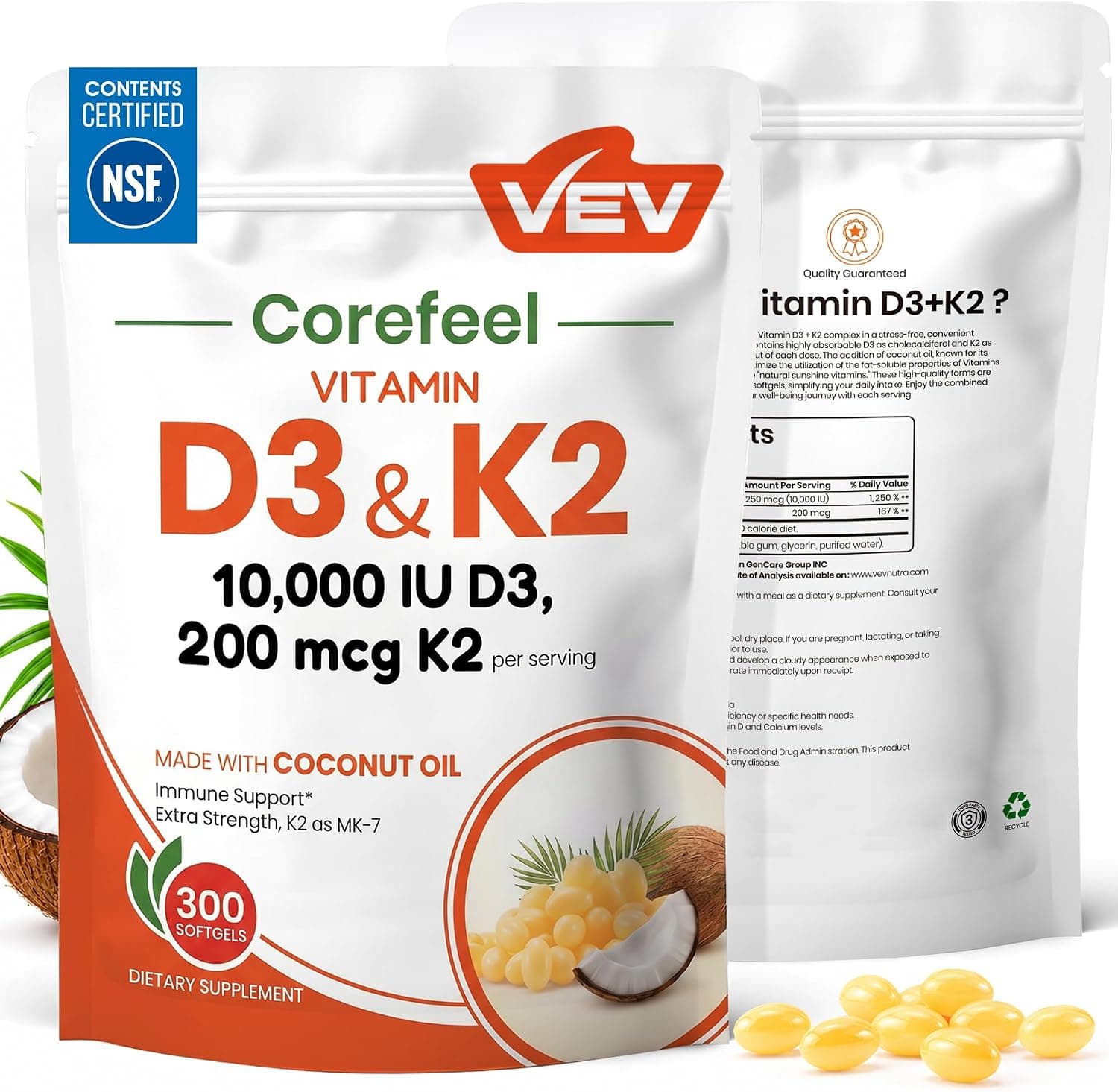VEV Vitamin D3 K2 10,000 IU & 200 mcg MK-7, D3 and K2…