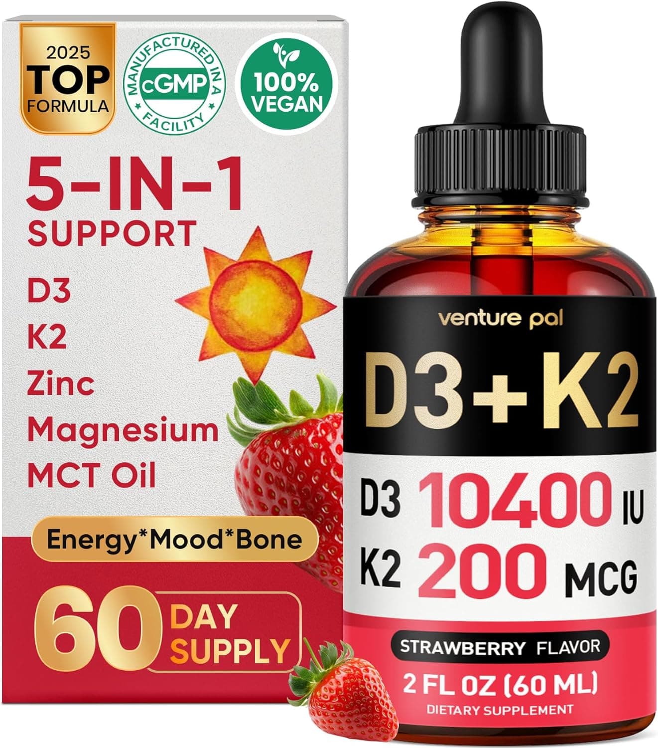 5-in-1 Vitamin D3 K2 Drops - Vitamin D3 10000 IU & K2(MK-7)…