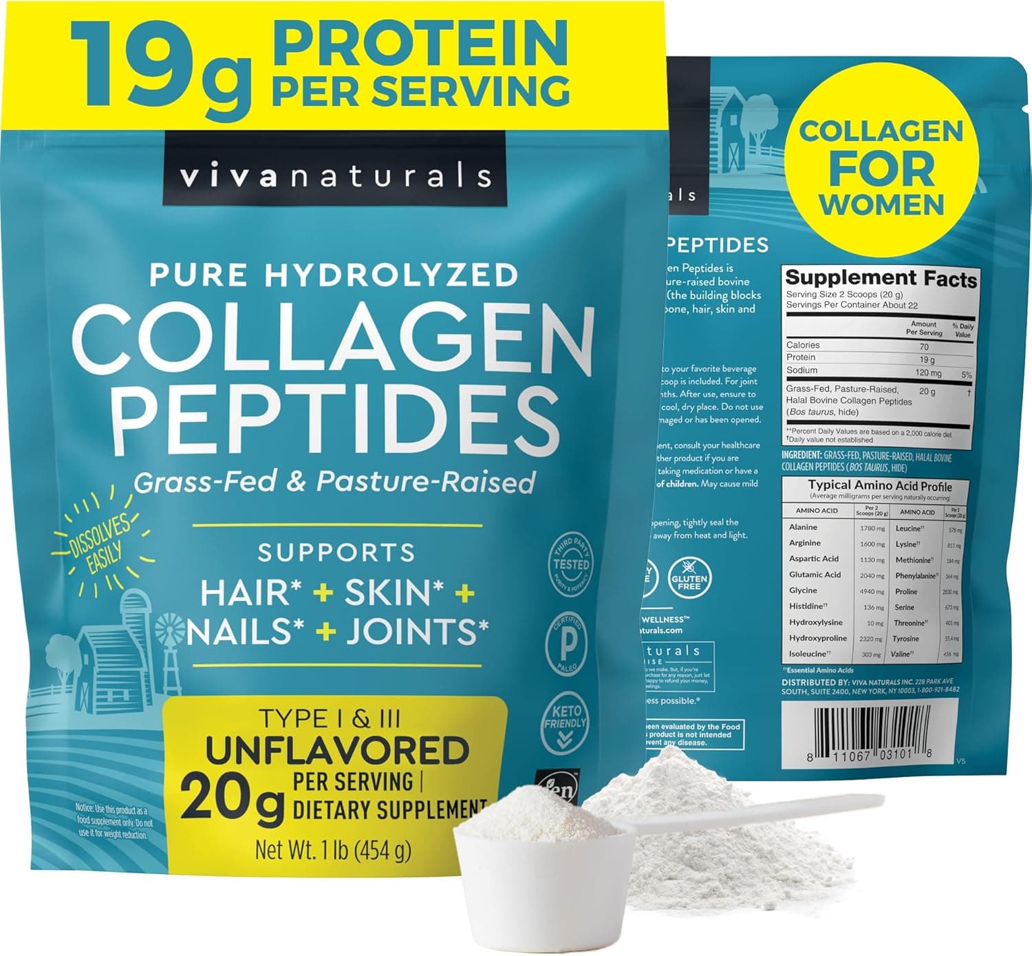 Viva Naturals Collagen Peptides Powder - Grass-Fed Hydrolyzed Bovine