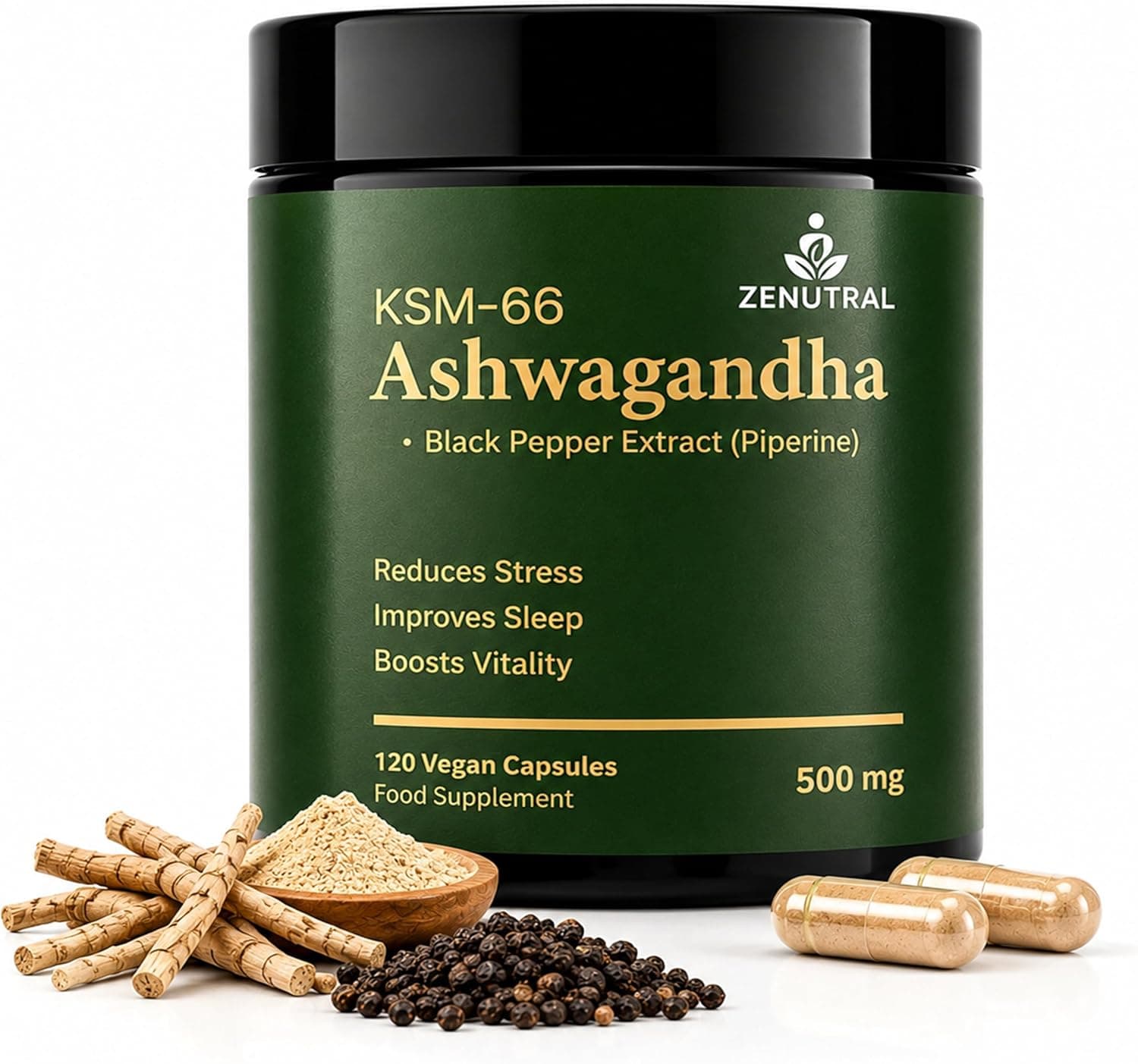 KSM-66 Ashwagandha 500mg with Black Pepper (Piperine) – Stress