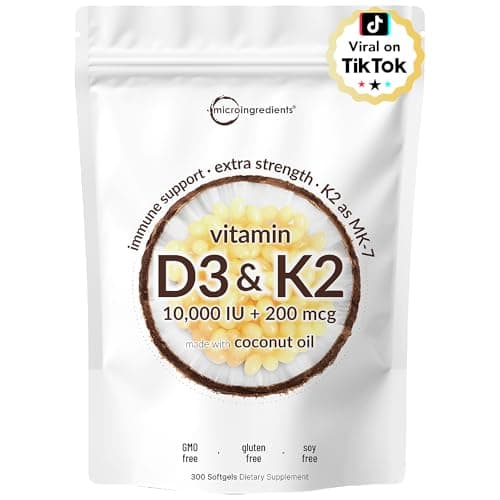 Vitamin D3 10,000 IU + K2 MK-7 200 mcg, 300 Softgels…